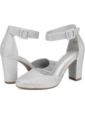 Silver Glitter Ankle-Strap Block Heel Closed Toe